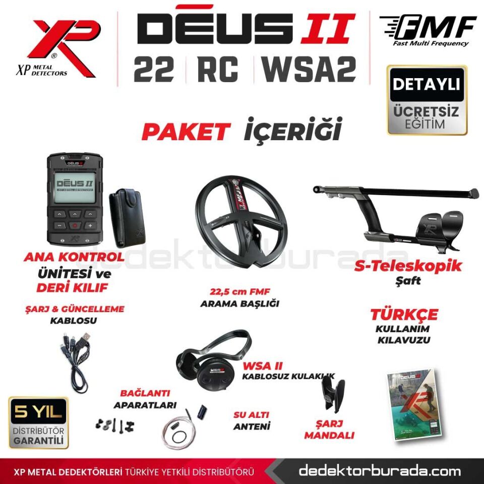 Deus 2 Dedektör - 22,5cm FMF Başlık, Ana Kontrol Ünitesi, WSA2 Kulaklık