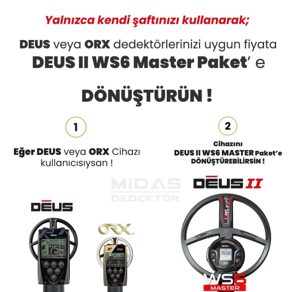 Deus 2 Dedektör- DÖNÜŞÜM PAKETİ - 28cm FMF Başlık, WS6 Master