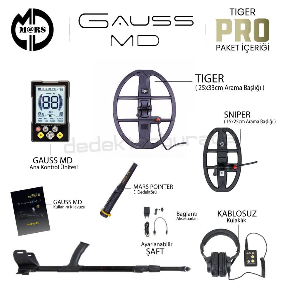 GAUSS MD Dedektör – TIGER 33x25,5cm + SNIPER 25x15cm Başlık – Pinpointer + Kulaklık